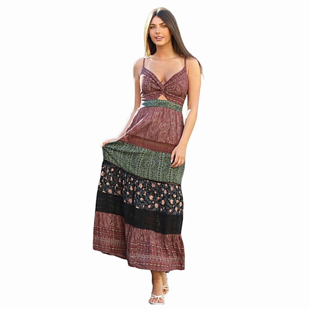 Angie Sage Wine Black Mixed Print Lace Trim Twist Front Cut Out Maxi Dress
